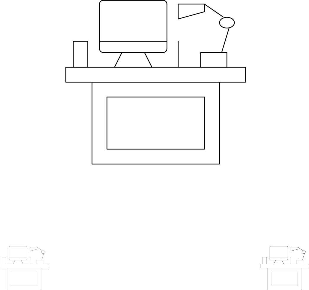 computer scrivania del desktop tenere sotto controllo ufficio posto tavolo grassetto e magro nero linea icona impostato vettore