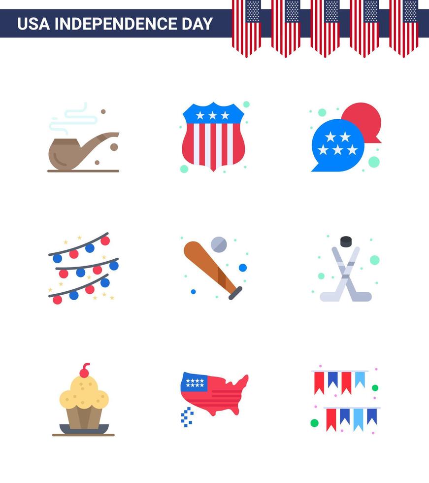 Stati Uniti d'America indipendenza giorno piatto impostato di 9 Stati Uniti d'America pittogrammi di Stati Uniti d'America pipistrello stella baseball festa lampadina modificabile Stati Uniti d'America giorno vettore design elementi