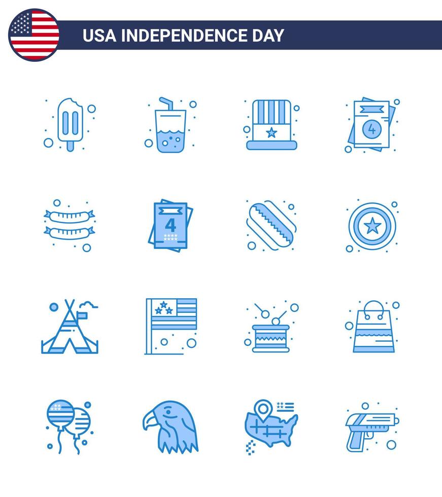 Stati Uniti d'America contento indipendenza pictogram impostato di 16 semplice blues di salsiccia cibo berretto nozze amore modificabile Stati Uniti d'America giorno vettore design elementi