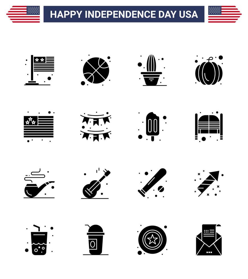 Stati Uniti d'America contento indipendenza pictogram impostato di 16 semplice solido glifi di Stati Uniti d'America nazione cactus Stati Uniti d'America Festival americano modificabile Stati Uniti d'America giorno vettore design elementi