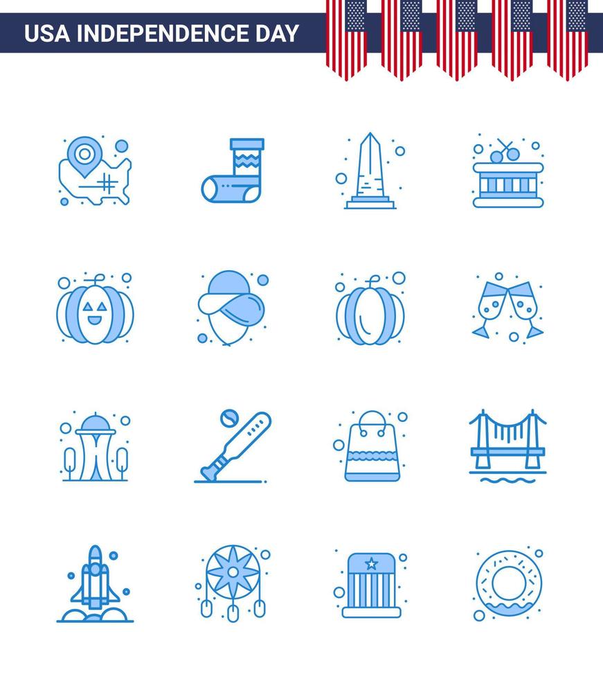 moderno impostato di 16 blues e simboli su Stati Uniti d'America indipendenza giorno come come cibo strumento regalo tamburo Stati Uniti d'America modificabile Stati Uniti d'America giorno vettore design elementi