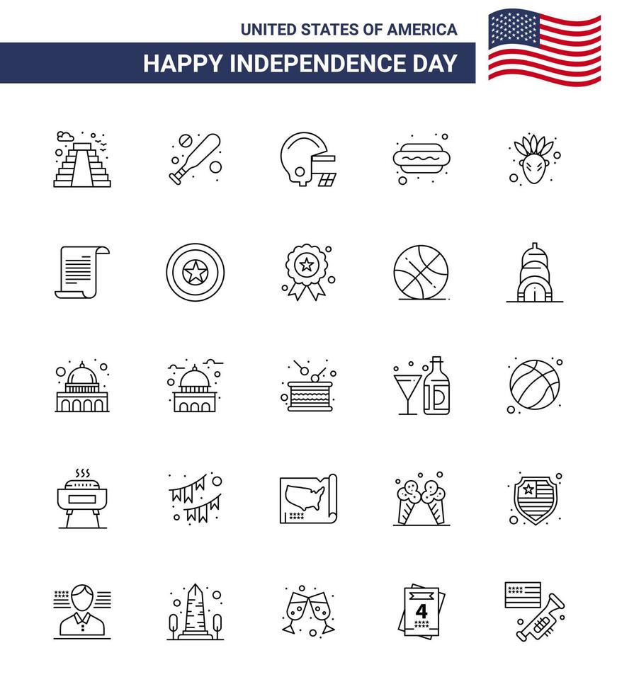 Stati Uniti d'America contento indipendenza pictogram impostato di 25 semplice Linee di file nativo americano calcio americano cibo modificabile Stati Uniti d'America giorno vettore design elementi