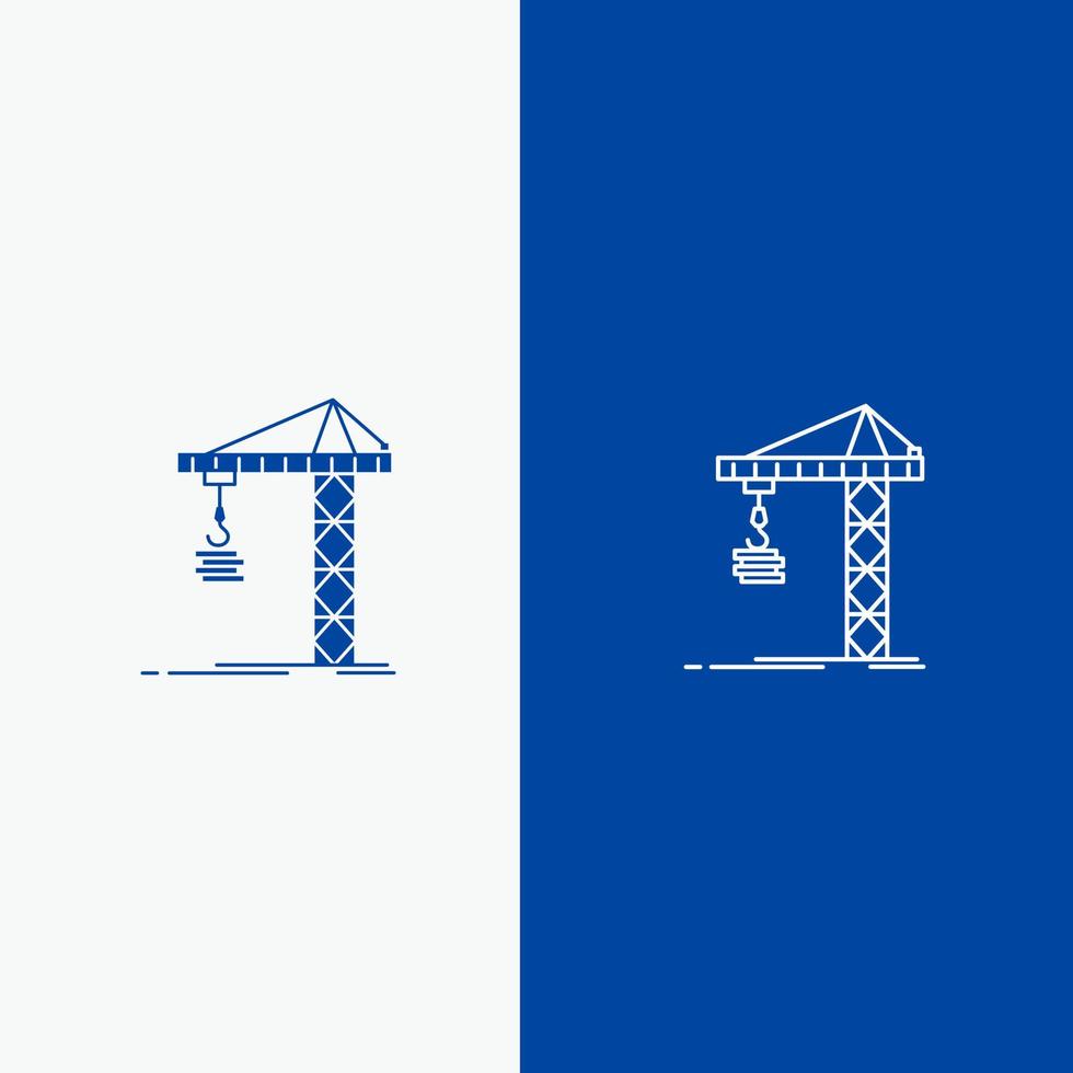 gru edificio costruzione costruzione Torre linea e glifo solido icona blu bandiera linea e glifo solido icona blu bandiera vettore