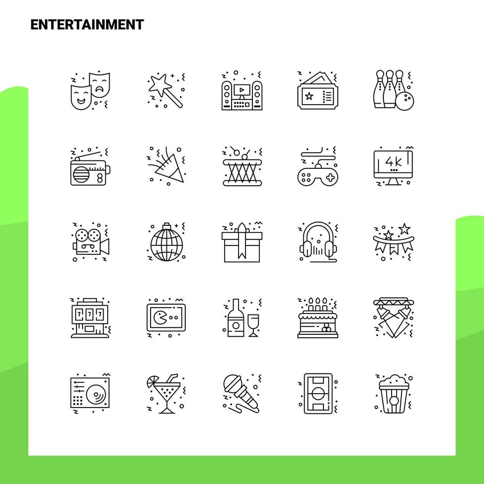 impostato di divertimento linea icona impostato 25 icone vettore minimalismo stile design nero icone impostato lineare pittogramma imballare