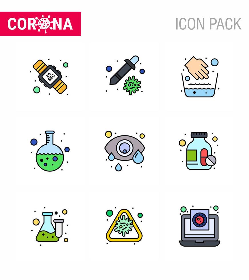 coronavirus 9 pieno linea piatto colore icona impostato su il tema di corona epidemico contiene icone come come occhio ricerca mani laboratorio test virale coronavirus 2019 nov malattia vettore design elementi
