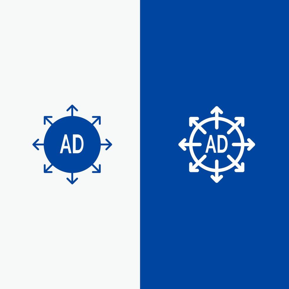 pubblicità presentazione pubblicità presentazione anno Domini linea e glifo solido icona blu bandiera linea e glifo solido icona blu bandiera vettore