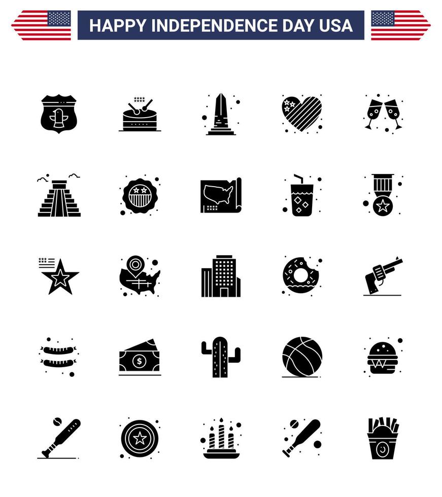 contento indipendenza giorno Stati Uniti d'America imballare di 25 creativo solido glifo di birra cuore punto di riferimento bandiera Washington modificabile Stati Uniti d'America giorno vettore design elementi