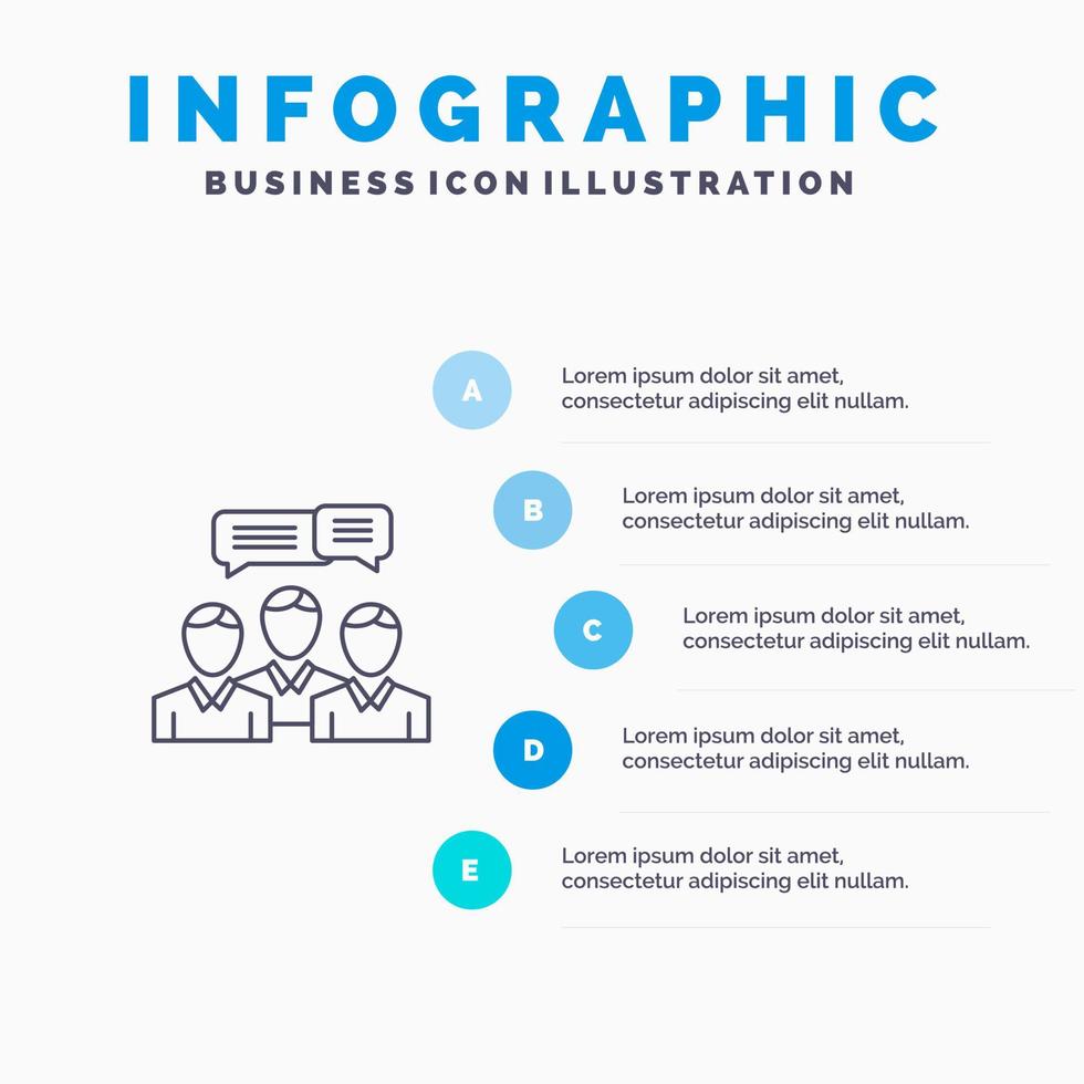 Chiacchierare attività commerciale consulenza dialogo incontro in linea linea icona con 5 passaggi presentazione infografica sfondo vettore