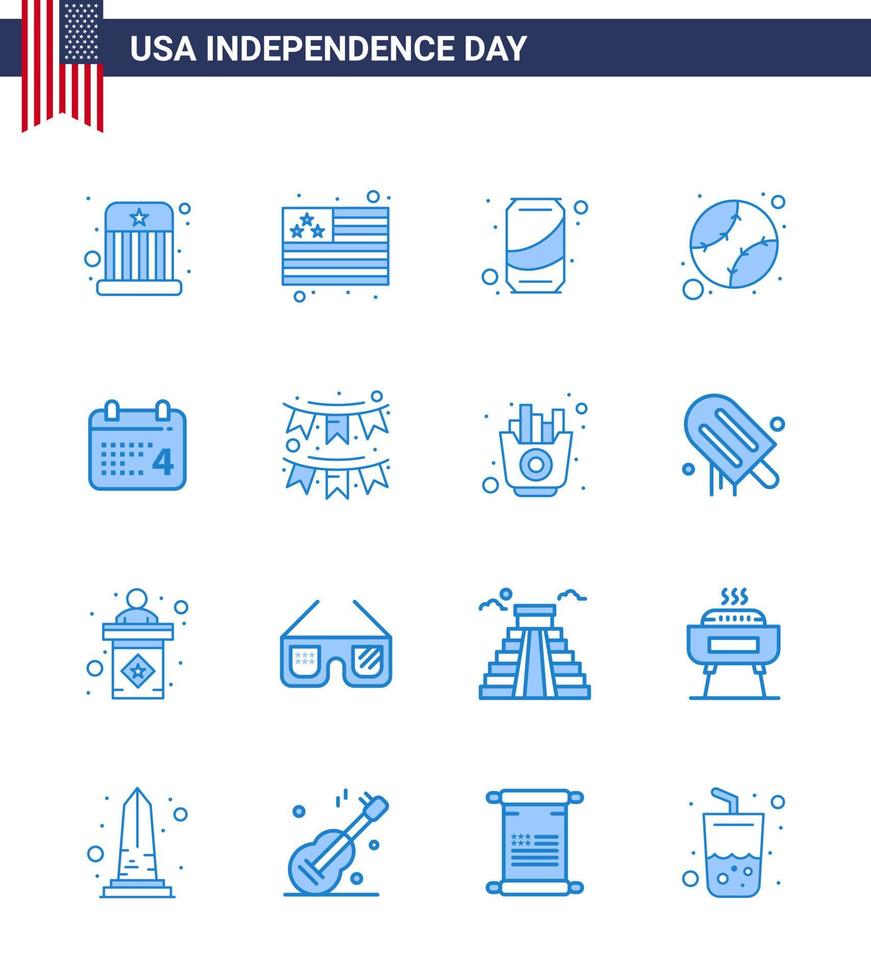 Stati Uniti d'America contento indipendenza pictogram impostato di 16 semplice blues di Data calandra può unito baseball modificabile Stati Uniti d'America giorno vettore design elementi