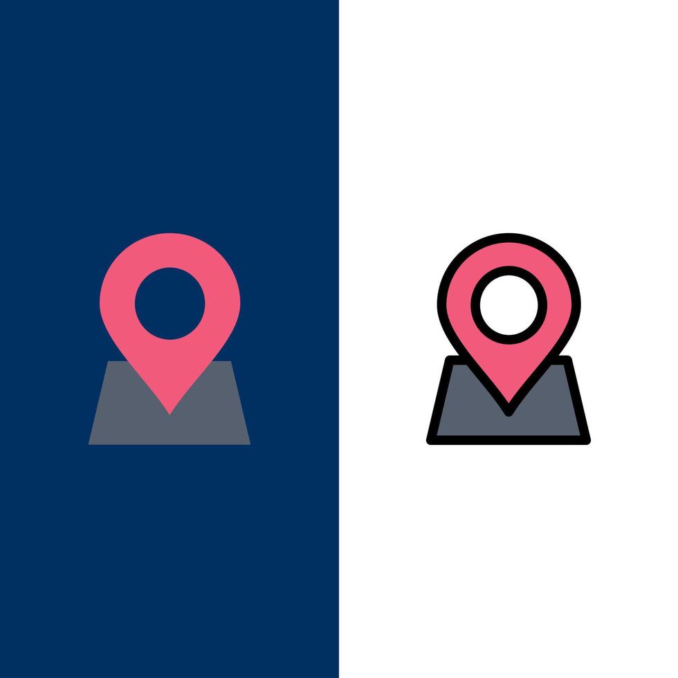 Posizione carta geografica marcatore perno icone piatto e linea pieno icona impostato vettore blu sfondo