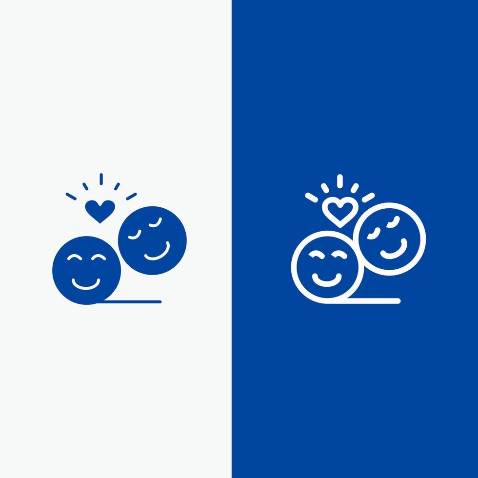 coppia avatar smiley facce emoji San Valentino linea e glifo solido icona blu bandiera linea e glifo solido icona blu bandiera vettore