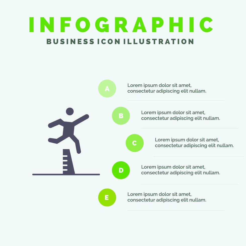 atleta salto corridore in esecuzione corsa a ostacoli solido icona infografica 5 passaggi presentazione sfondo vettore