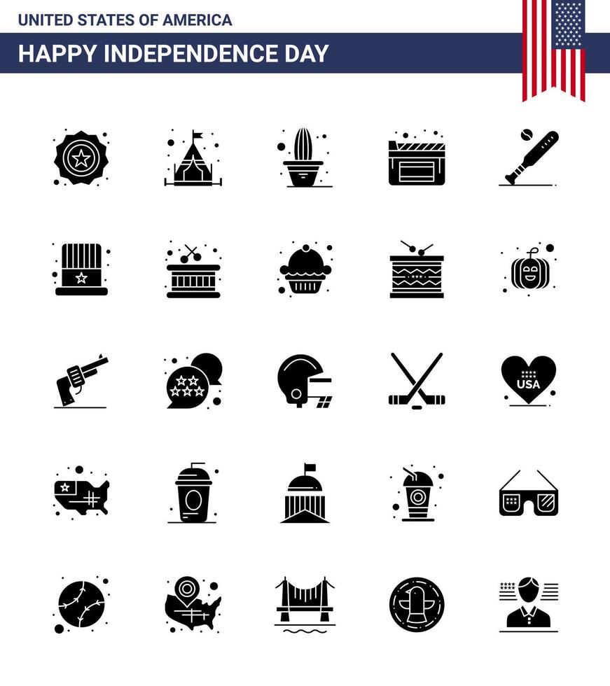25 creativo Stati Uniti d'America icone moderno indipendenza segni e 4 ° luglio simboli di gli sport baseball fiore palla film modificabile Stati Uniti d'America giorno vettore design elementi