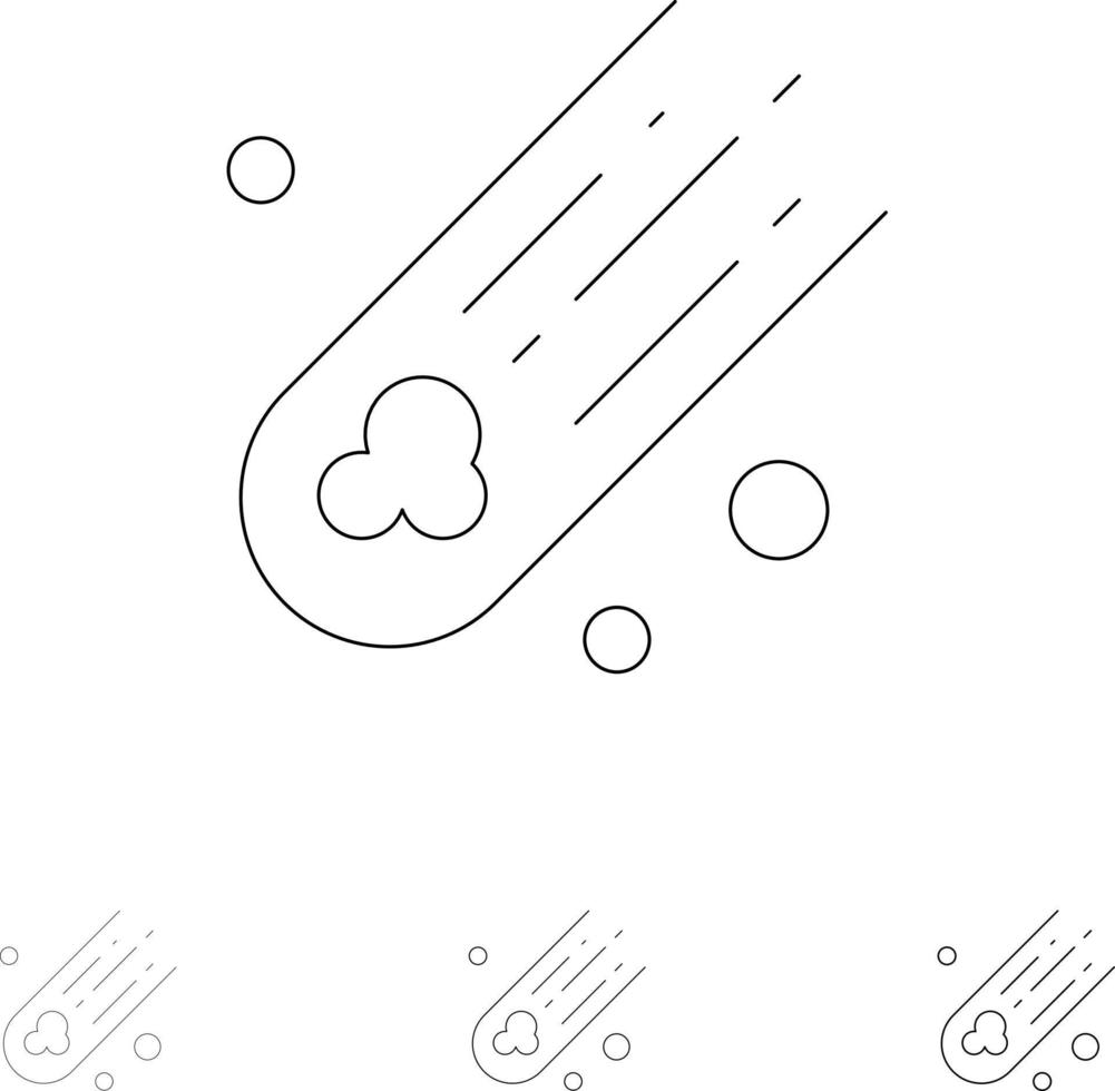 asteroide cometa spazio grassetto e magro nero linea icona impostato vettore