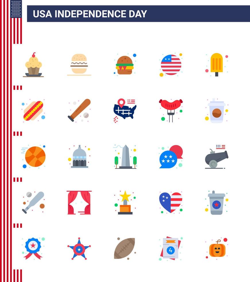 contento indipendenza giorno imballare di 25 appartamenti segni e simboli per cibo internazionale bandiera Stati Uniti d'America bandiera pasto modificabile Stati Uniti d'America giorno vettore design elementi