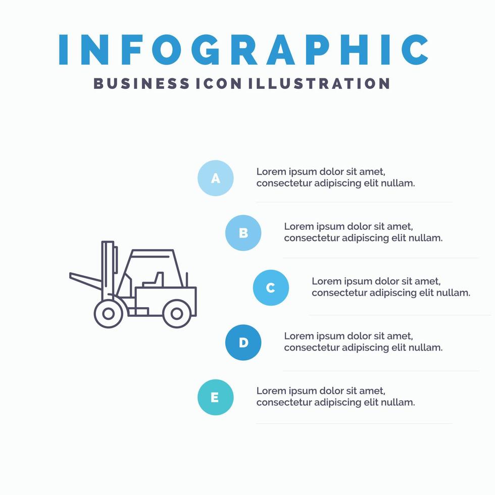 sollevatore sollevamento camion trasporto linea icona con 5 passaggi presentazione infografica sfondo vettore