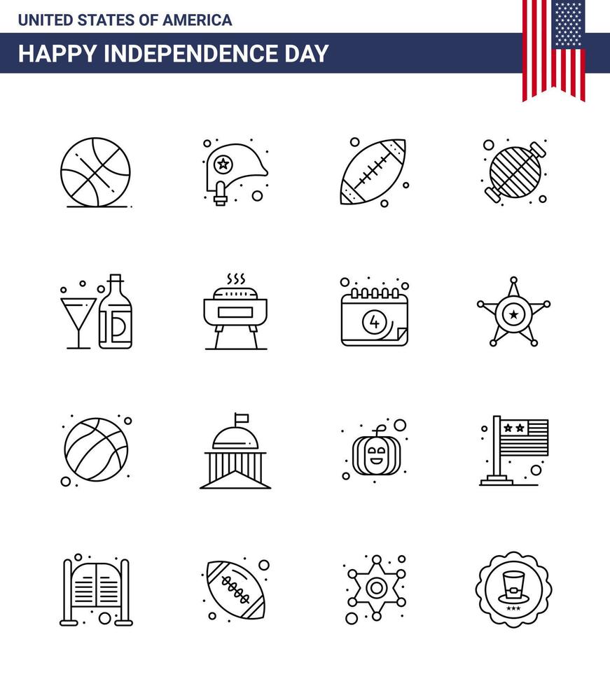 linea imballare di 16 Stati Uniti d'America indipendenza giorno simboli di bevanda griglia palla bbq cibo modificabile Stati Uniti d'America giorno vettore design elementi