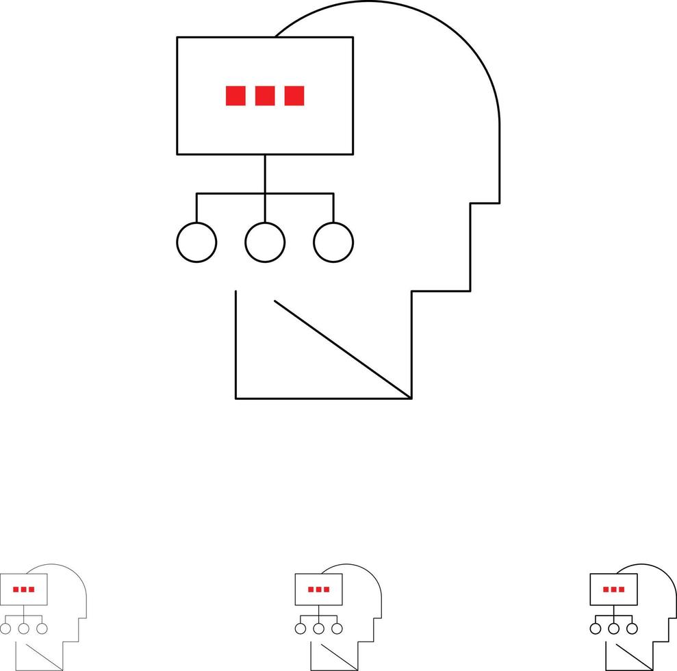 pianificazione teoria mente testa grassetto e magro nero linea icona impostato vettore