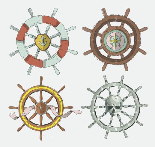 Illustrazione disegnata a mano di vettore della raccolta della ruota delle navi