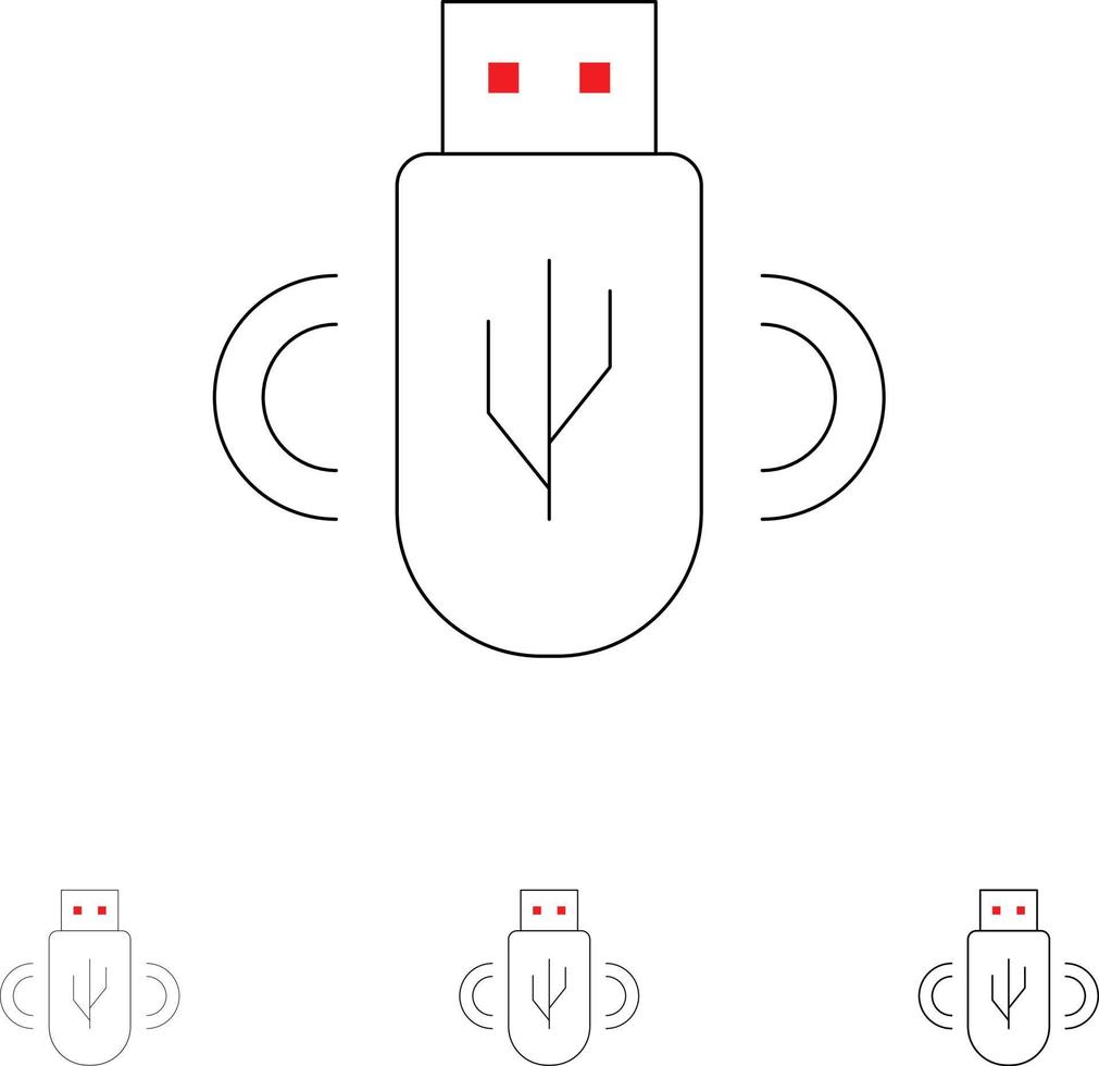 USB Condividere dati Conservazione grassetto e magro nero linea icona impostato vettore