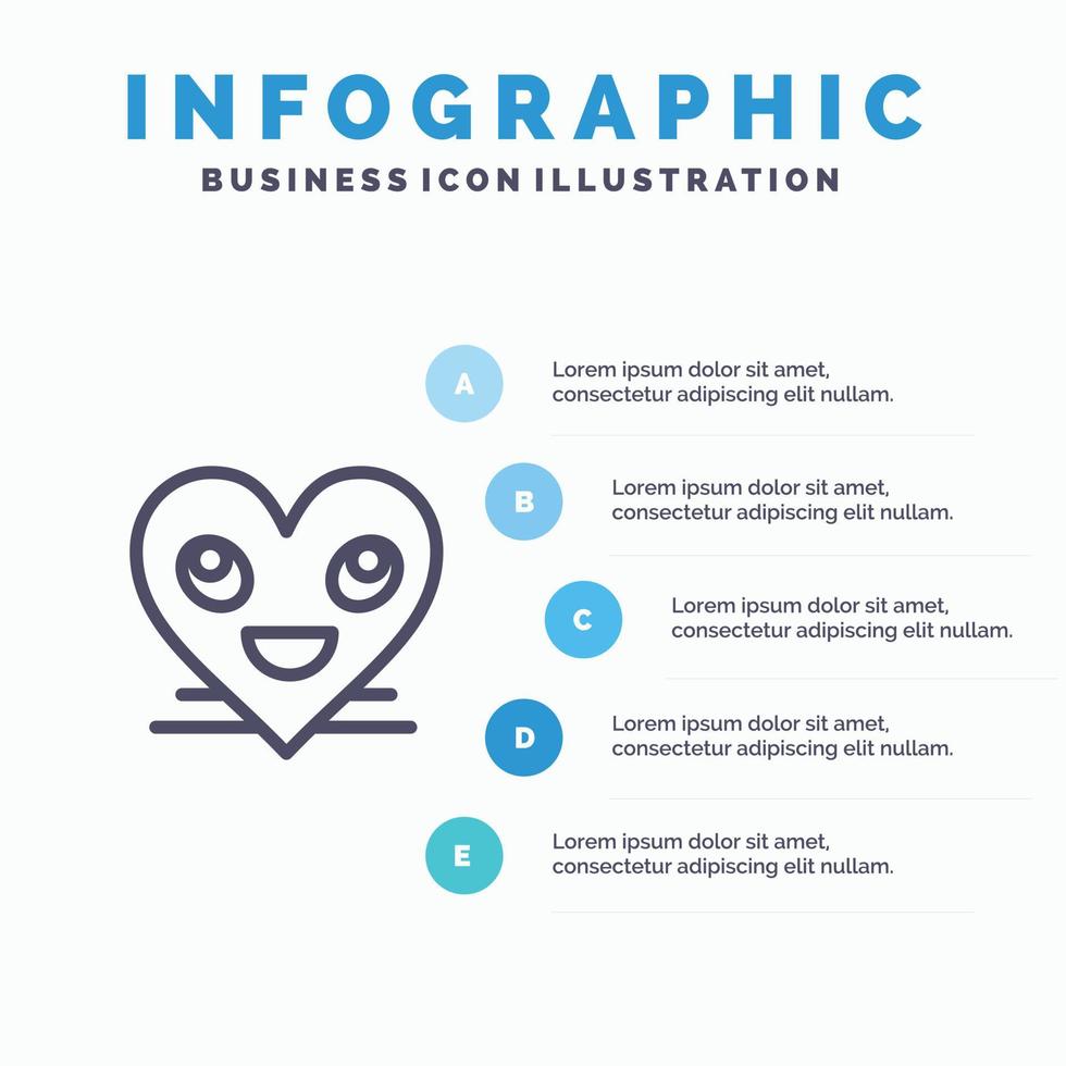 cuore emoji smiley viso Sorridi linea icona con 5 passaggi presentazione infografica sfondo vettore