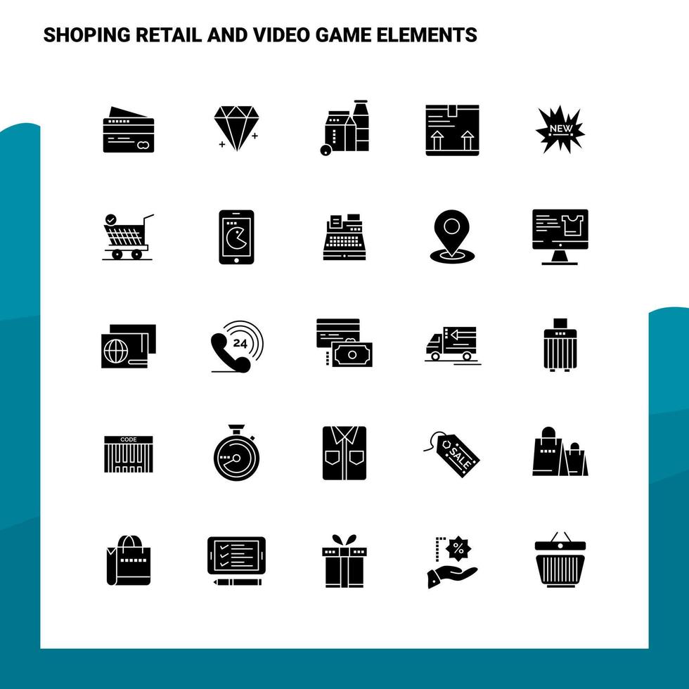 25 shoping Al dettaglio e video gioco elementi icona impostato solido glifo icona vettore illustrazione modello per ragnatela e mobile idee per attività commerciale azienda