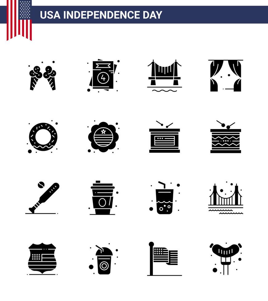 16 solido glifo segni per Stati Uniti d'America indipendenza giorno cibo Stati Uniti d'America ponte Teatro divertimento modificabile Stati Uniti d'America giorno vettore design elementi