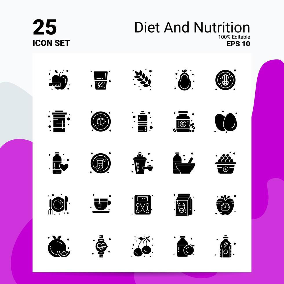 25 dieta e nutrizione icona impostato 100 modificabile eps 10 File attività commerciale logo concetto idee solido glifo icona design vettore