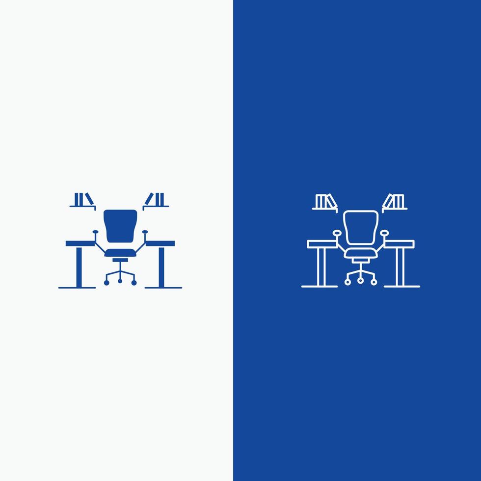 tavolo attività commerciale sedia computer scrivania ufficio posto di lavoro linea e glifo solido icona blu bandiera linea e glifo solido icona blu bandiera vettore