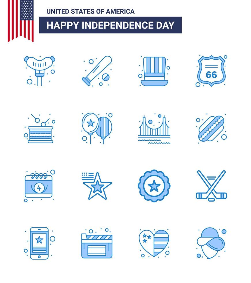 Stati Uniti d'America contento indipendenza pictogram impostato di 16 semplice blues di tamburo americano giorno cartello sicurezza modificabile Stati Uniti d'America giorno vettore design elementi