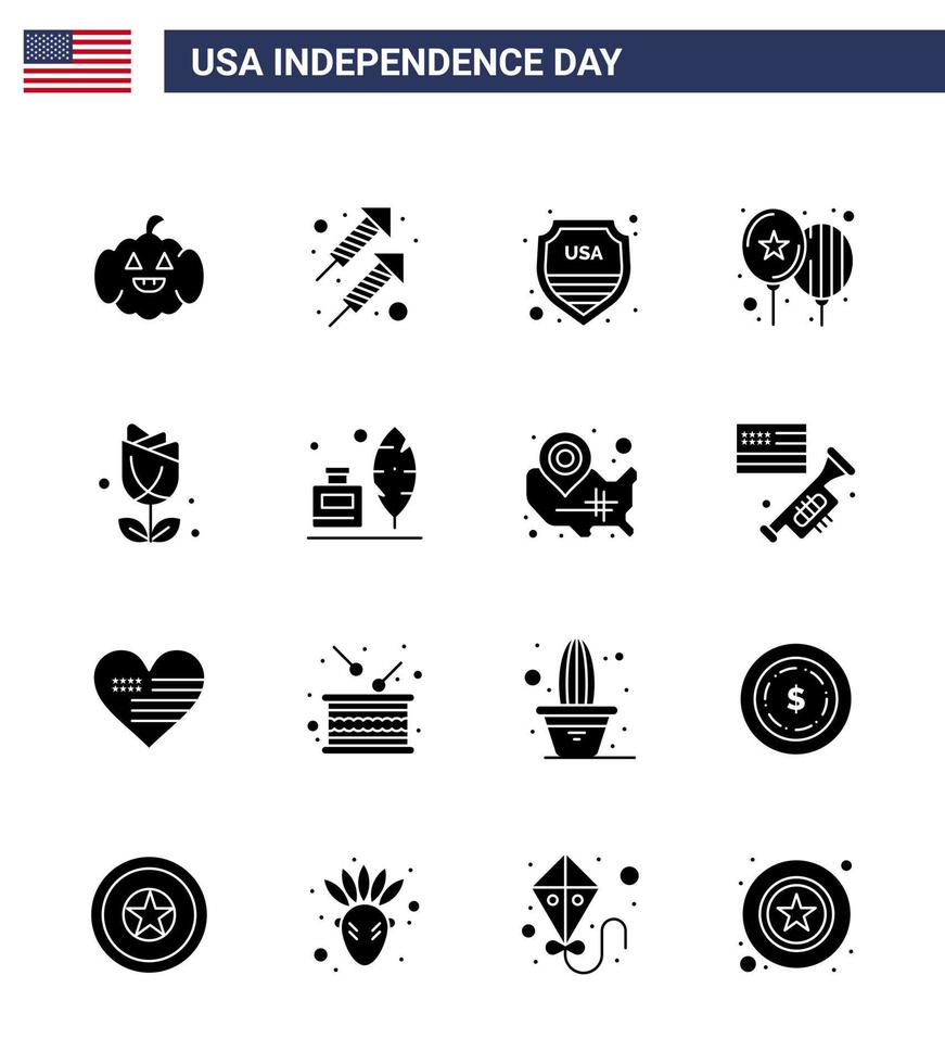 gruppo di 16 solido glifi impostato per indipendenza giorno di unito stati di America come come Stati Uniti d'America fiore scudo festa celebrare modificabile Stati Uniti d'America giorno vettore design elementi