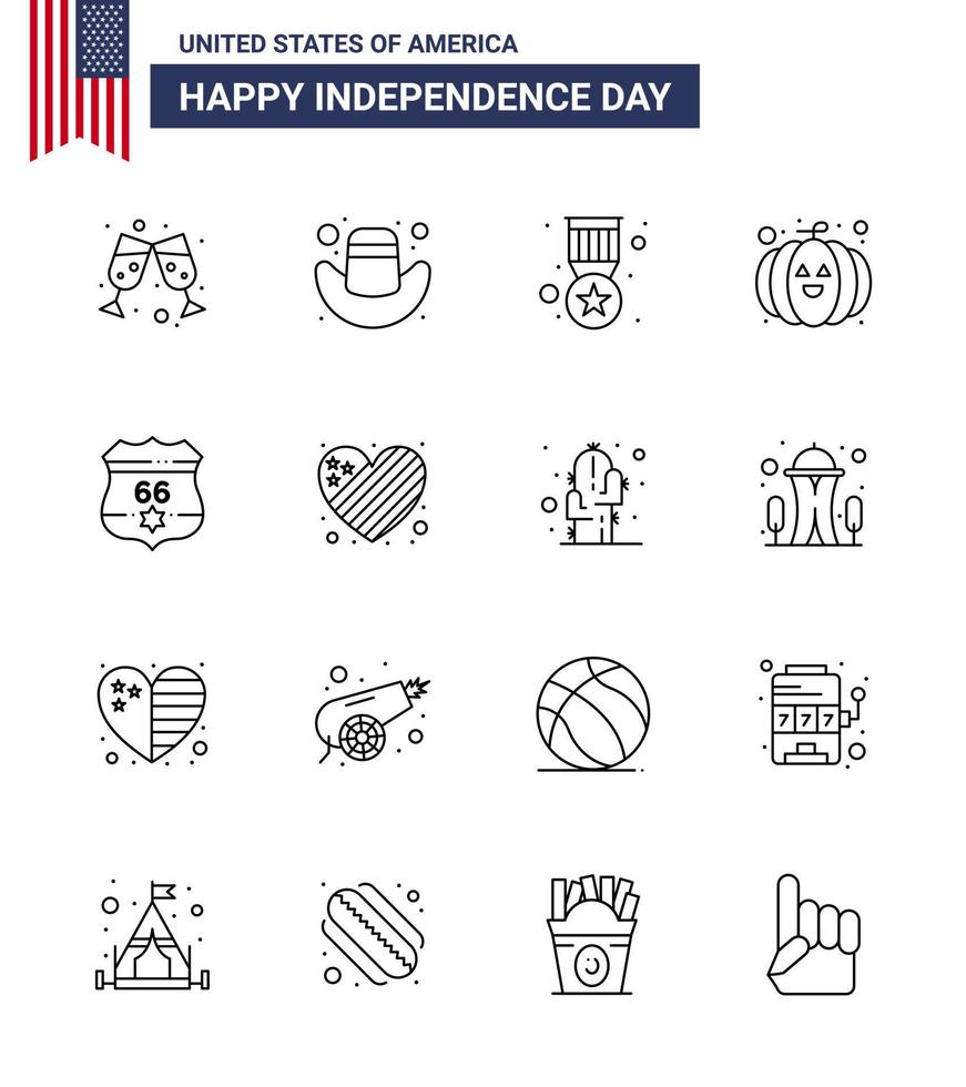 16 Stati Uniti d'America linea imballare di indipendenza giorno segni e simboli di americano Stati Uniti d'America medaglia scudo Festival modificabile Stati Uniti d'America giorno vettore design elementi