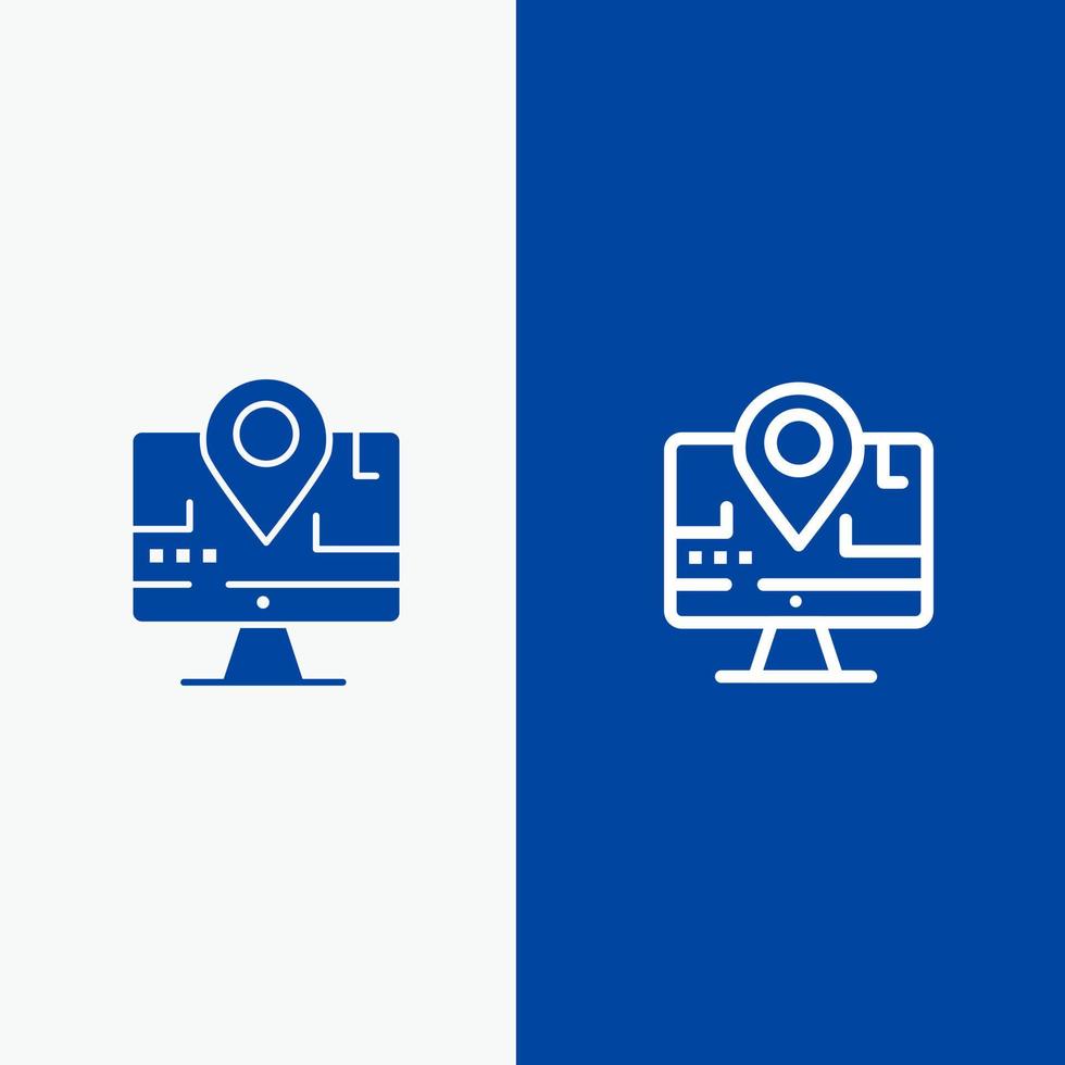 computer carta geografica Posizione formazione scolastica linea e glifo solido icona blu bandiera vettore