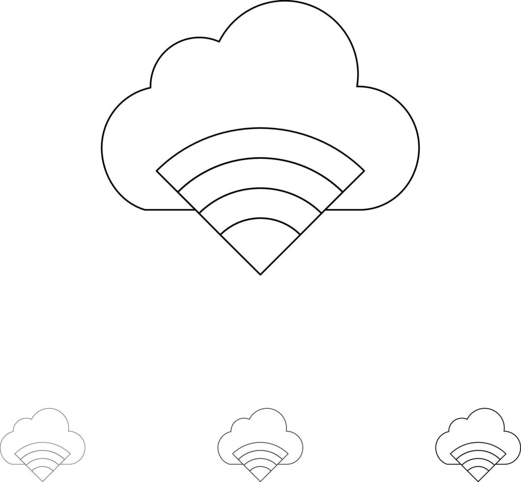 nube connessione Wi-Fi segnale grassetto e magro nero linea icona impostato vettore