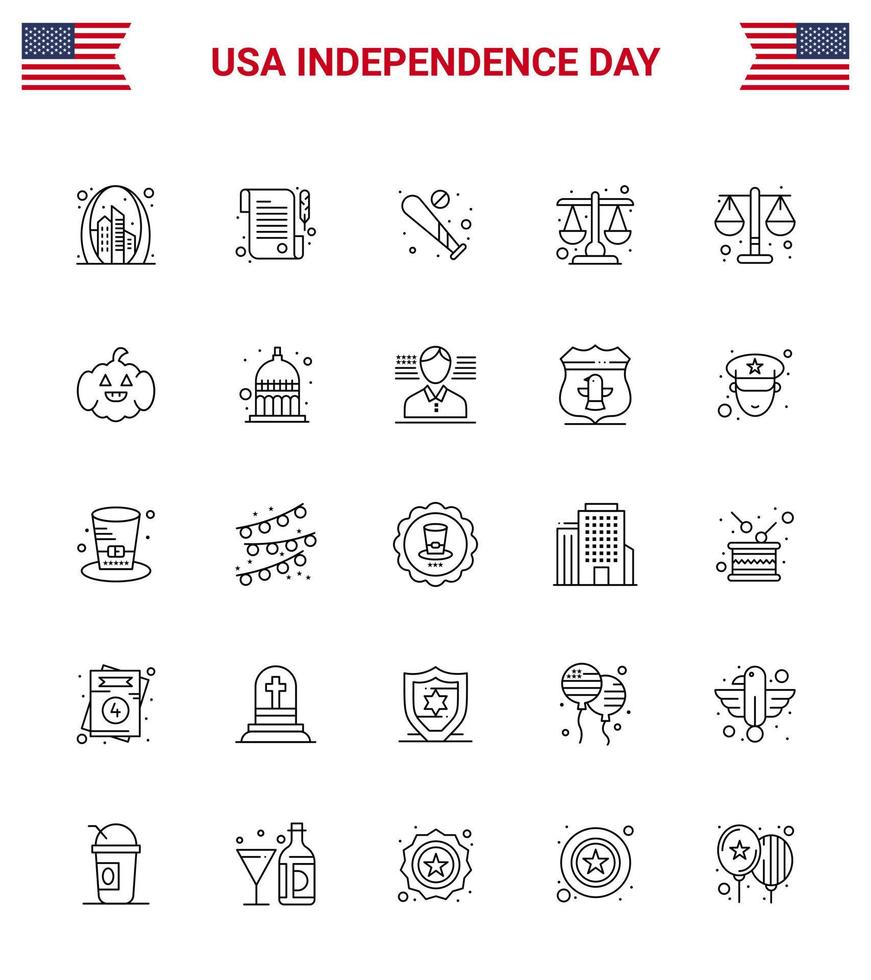 25 Stati Uniti d'America linea imballare di indipendenza giorno segni e simboli di zucca legge palla giustizia Stati Uniti d'America modificabile Stati Uniti d'America giorno vettore design elementi