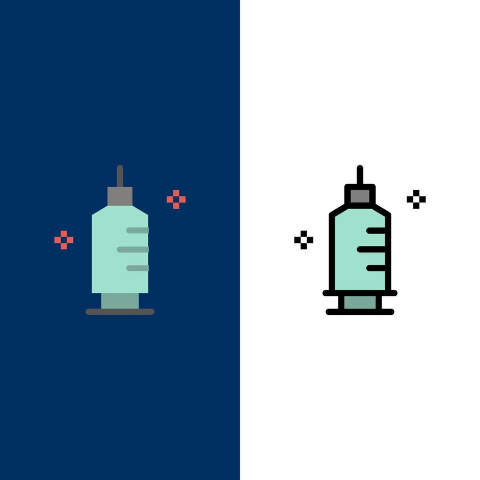 chimica medicina farmacia siringa icone piatto e linea pieno icona impostato vettore blu sfondo