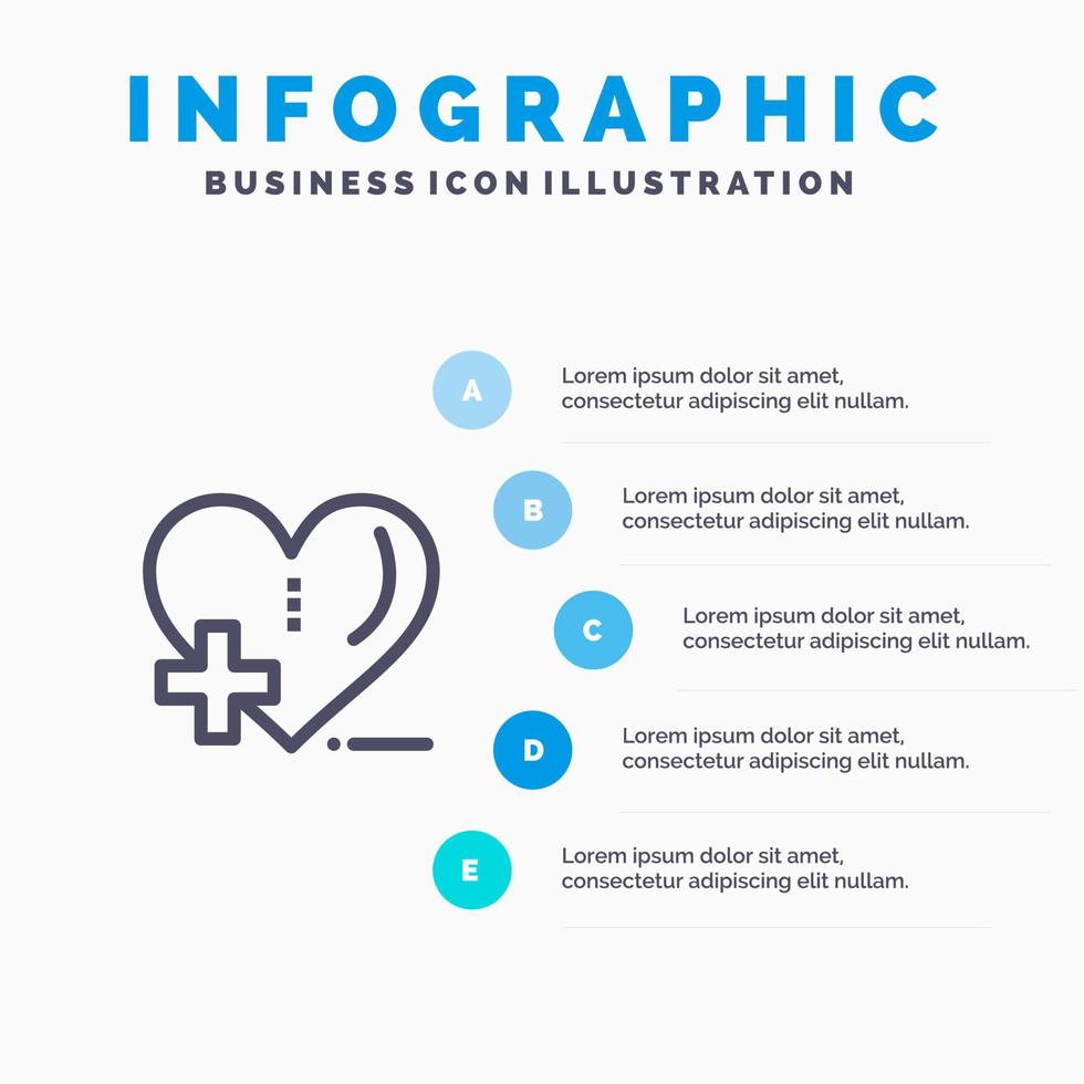 amore assistenza sanitaria ospedale cuore cura linea icona con 5 passaggi presentazione infografica sfondo vettore