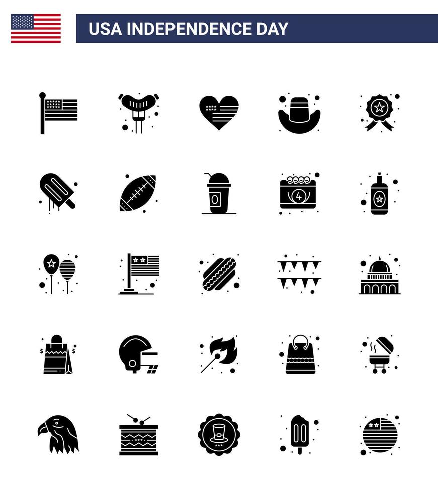 25 Stati Uniti d'America solido glifo segni indipendenza giorno celebrazione simboli di polizia indagare amore distintivo berretto modificabile Stati Uniti d'America giorno vettore design elementi