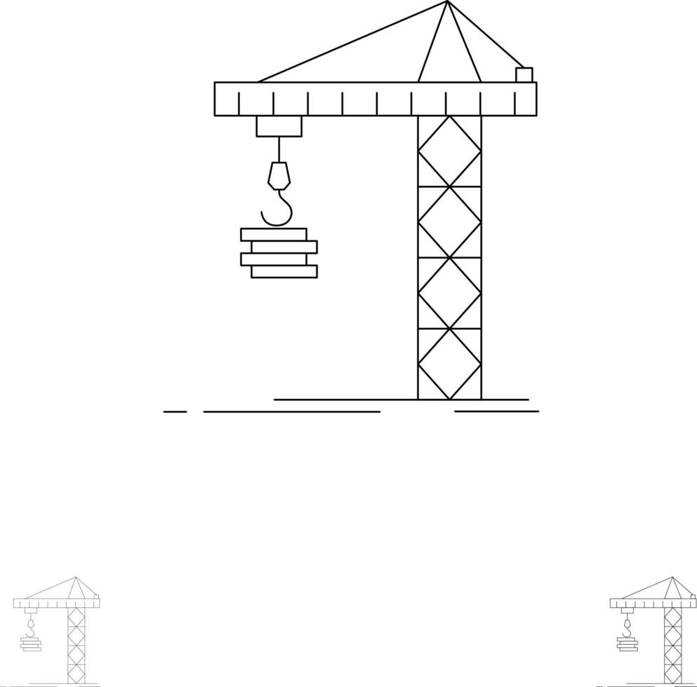 gru edificio costruzione costruzione Torre grassetto e magro nero linea icona impostato vettore