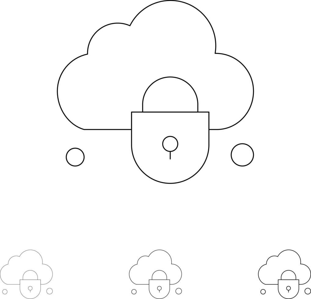 Internet nube serratura sicurezza grassetto e magro nero linea icona impostato vettore