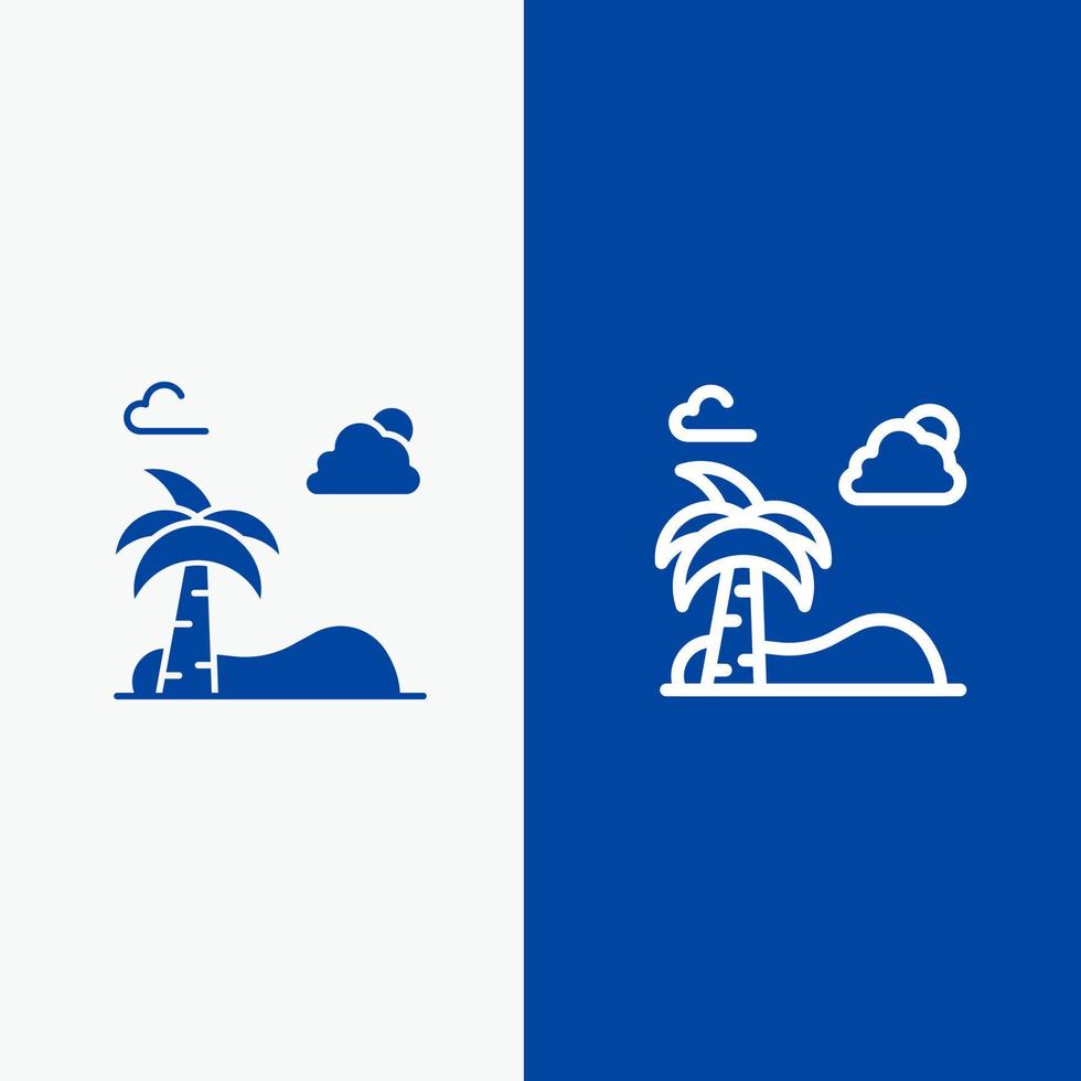 spiaggia palma albero primavera linea e glifo solido icona blu bandiera linea e glifo solido icona blu bandiera vettore