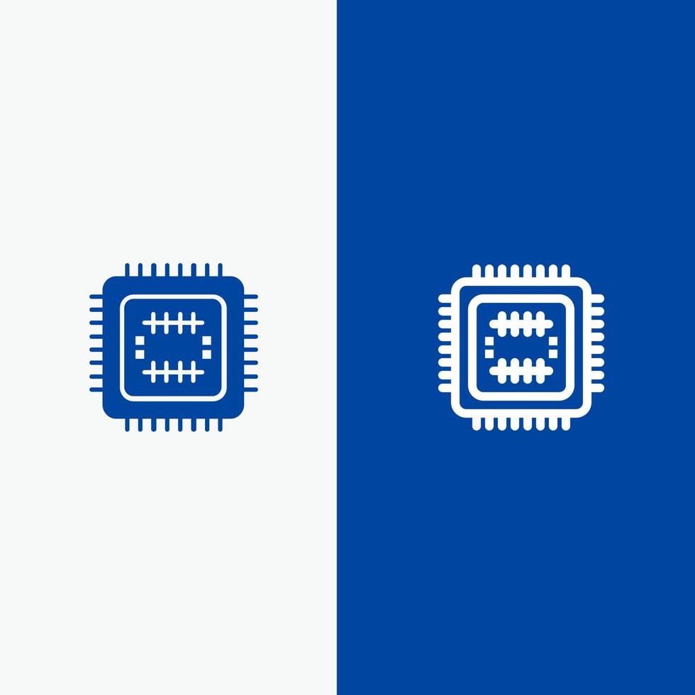 sistema Tech tecnologia processore linea e glifo solido icona blu bandiera linea e glifo solido icona blu bandiera vettore