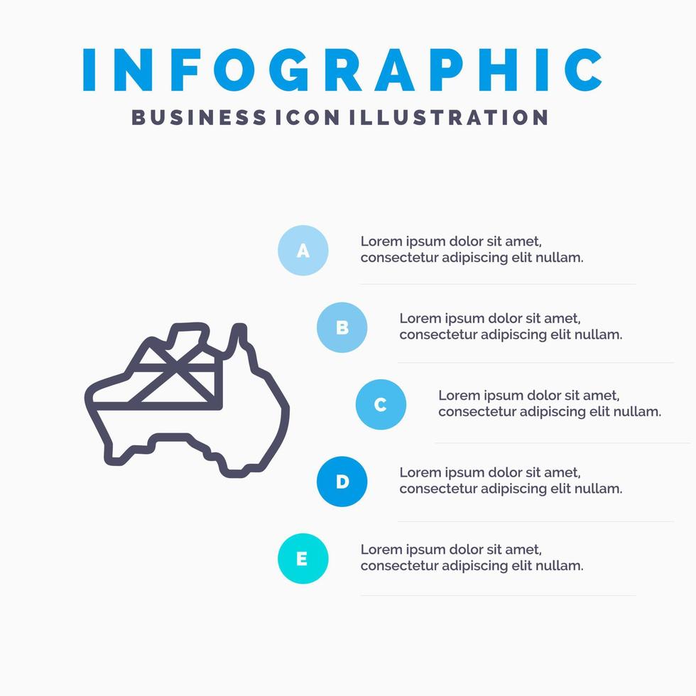 Australia carta geografica nazione bandiera linea icona con 5 passaggi presentazione infografica sfondo vettore