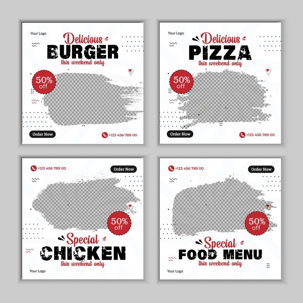 hamburger, Pizza, cibo menù sociale media inviare bandiera design. adatto per sociale media inviare striscione. Pizza, hamburger, pollo e delizioso cibo attività commerciale in linea promozione. vettore