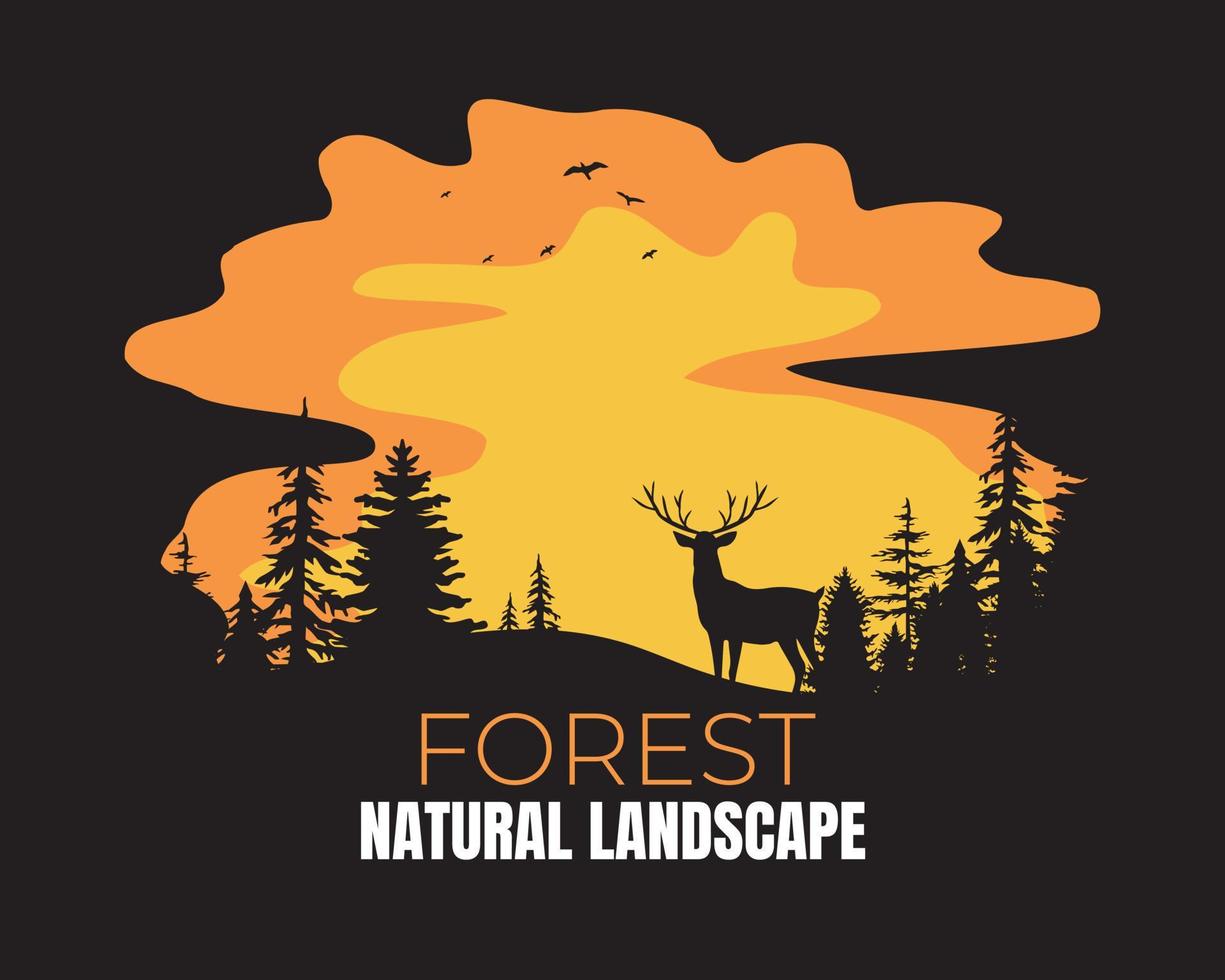 natura paesaggio piatto cartone animato silhouette di pino foresta e cervo su sole sfondo vettore