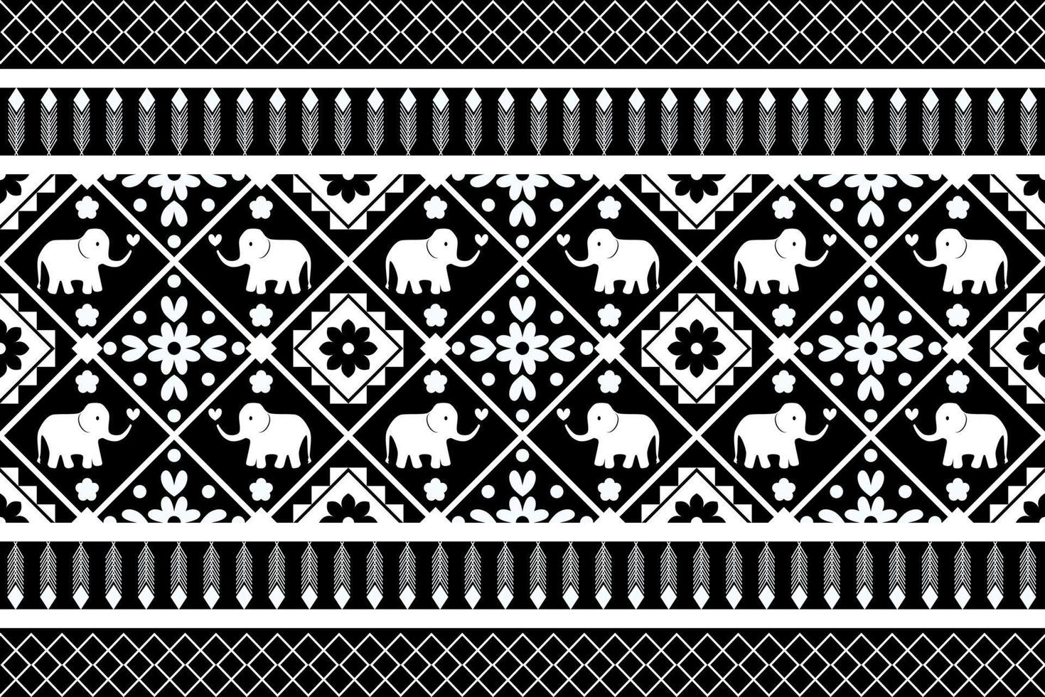 nero e bianca geometrico e elefante pittura etnico senza soluzione di continuità modello design per sfondo, sfondo, tessuto, tenda, tappeto, vestiario, e avvolgere. vettore