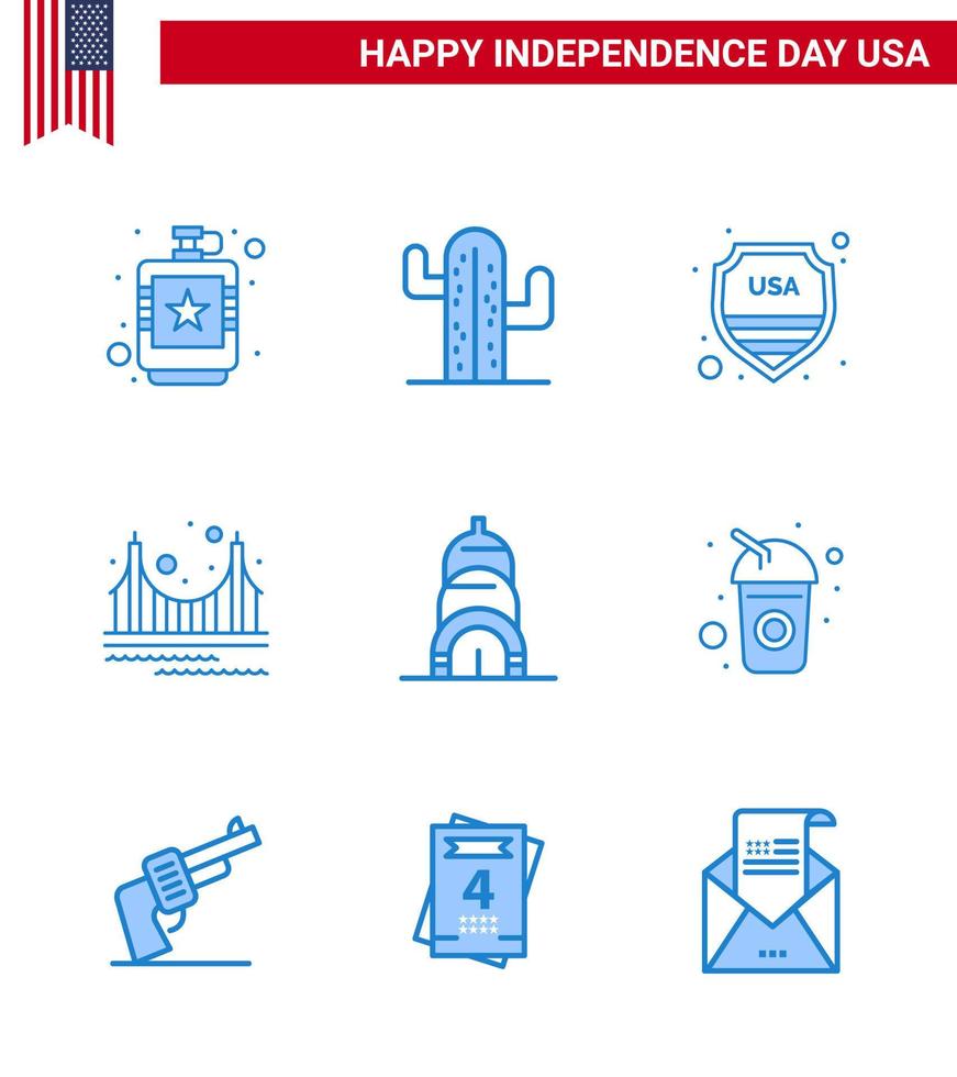 Stati Uniti d'America contento indipendenza pictogram impostato di 9 semplice blues di turismo d'oro americano cancello Stati Uniti d'America modificabile Stati Uniti d'America giorno vettore design elementi