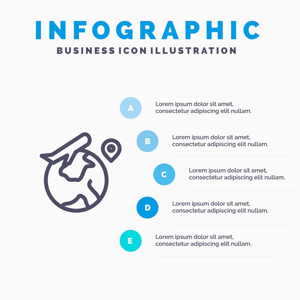 mondo Posizione volare lavoro linea icona con 5 passaggi presentazione infografica sfondo vettore