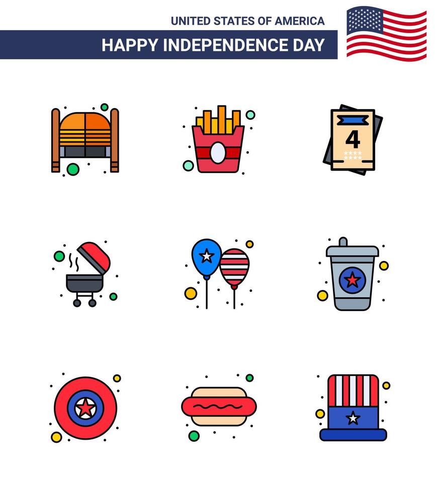 imballare di 9 Stati Uniti d'America indipendenza giorno celebrazione piatto pieno Linee segni e 4 ° luglio simboli come come festa celebrare invito palloncini bbq modificabile Stati Uniti d'America giorno vettore design elementi