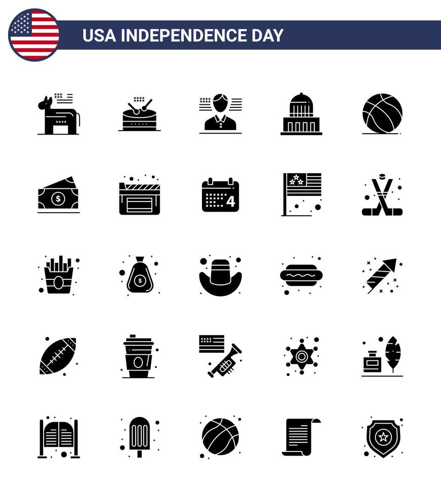 impostato di 25 moderno solido glifo imballare su Stati Uniti d'America indipendenza giorno americano calcio uomo Stati Uniti d'America città modificabile Stati Uniti d'America giorno vettore design elementi